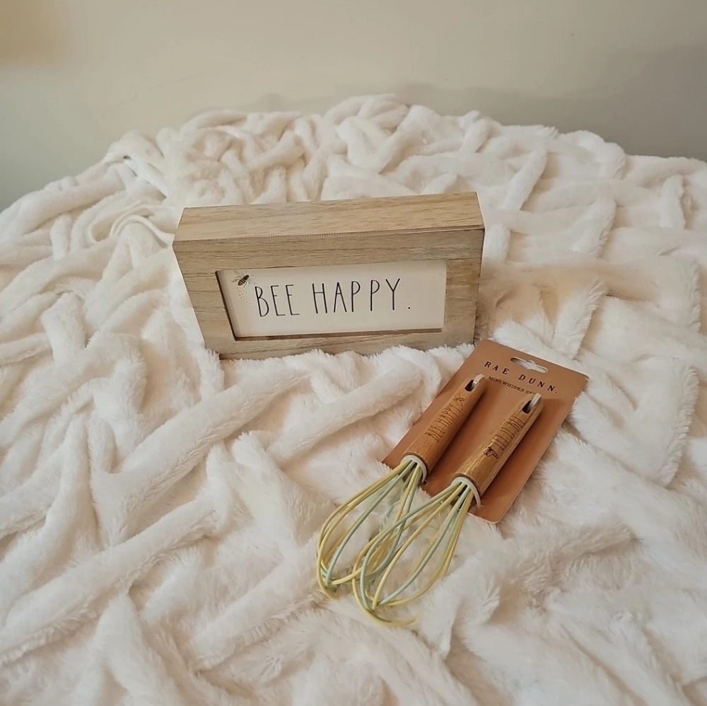 Rae Dunn Bee Happy Sign And Bee Happy Mini Whisk Set